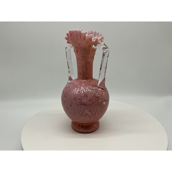 Stevens And Williams VTG Pink Cased Glass Blown Vase w/Thorn Handles Mica Flakes - Picture 4 of 16